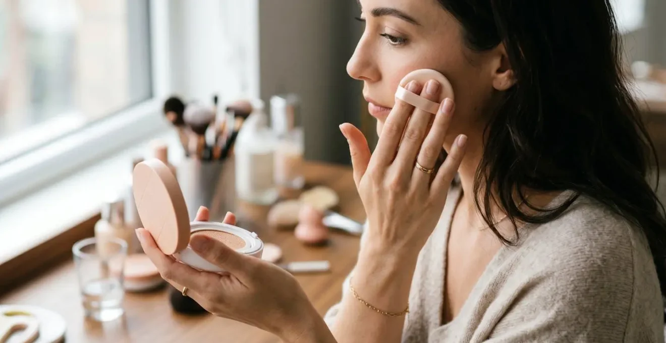 Hands demonstrating gentle patting motion for sunscreen application over makeup