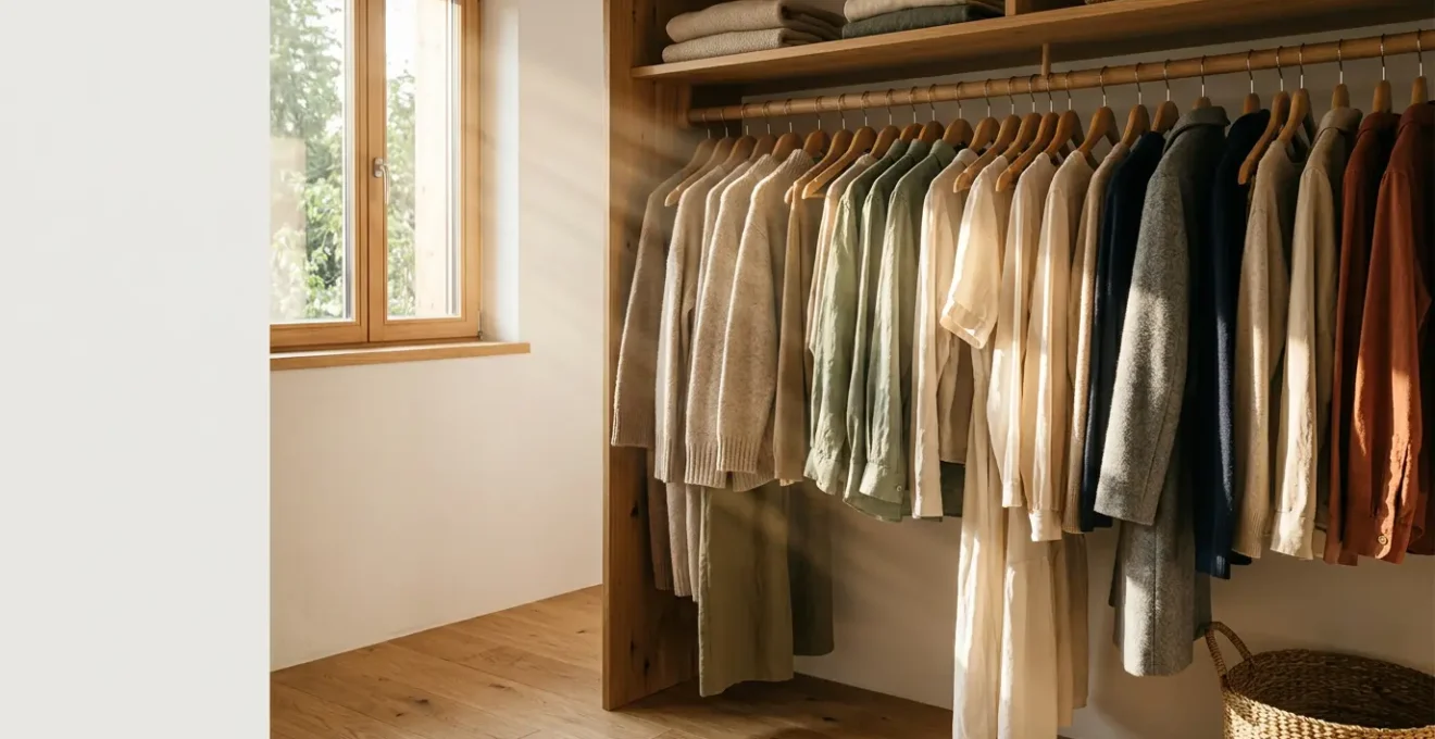 Minimalist wardrobe with natural fiber clothing hanging in soft natural light
