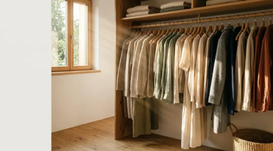 Minimalist wardrobe with natural fiber clothing hanging in soft natural light