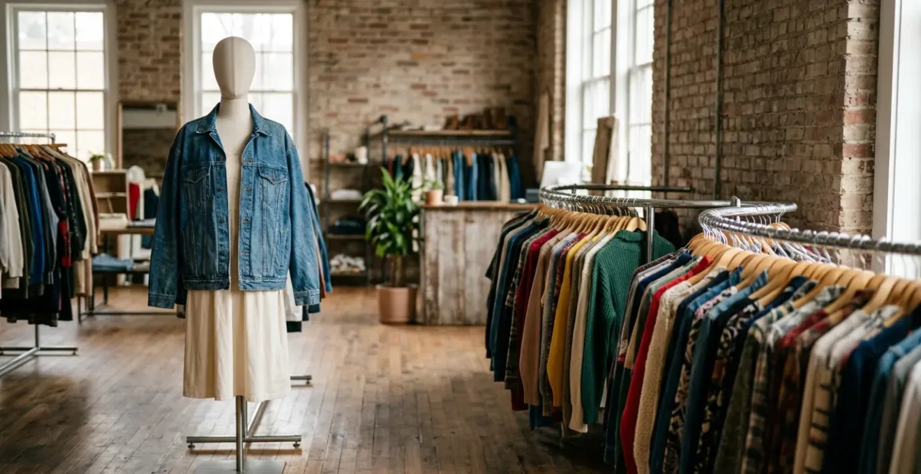 Vibrant vintage clothing boutique with retro pieces and modern styling elements