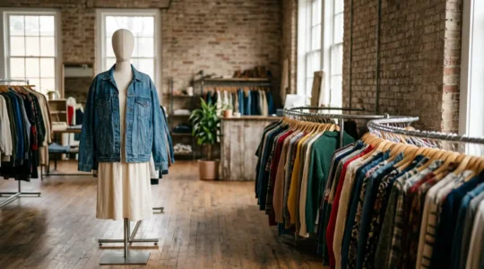 Vibrant vintage clothing boutique with retro pieces and modern styling elements