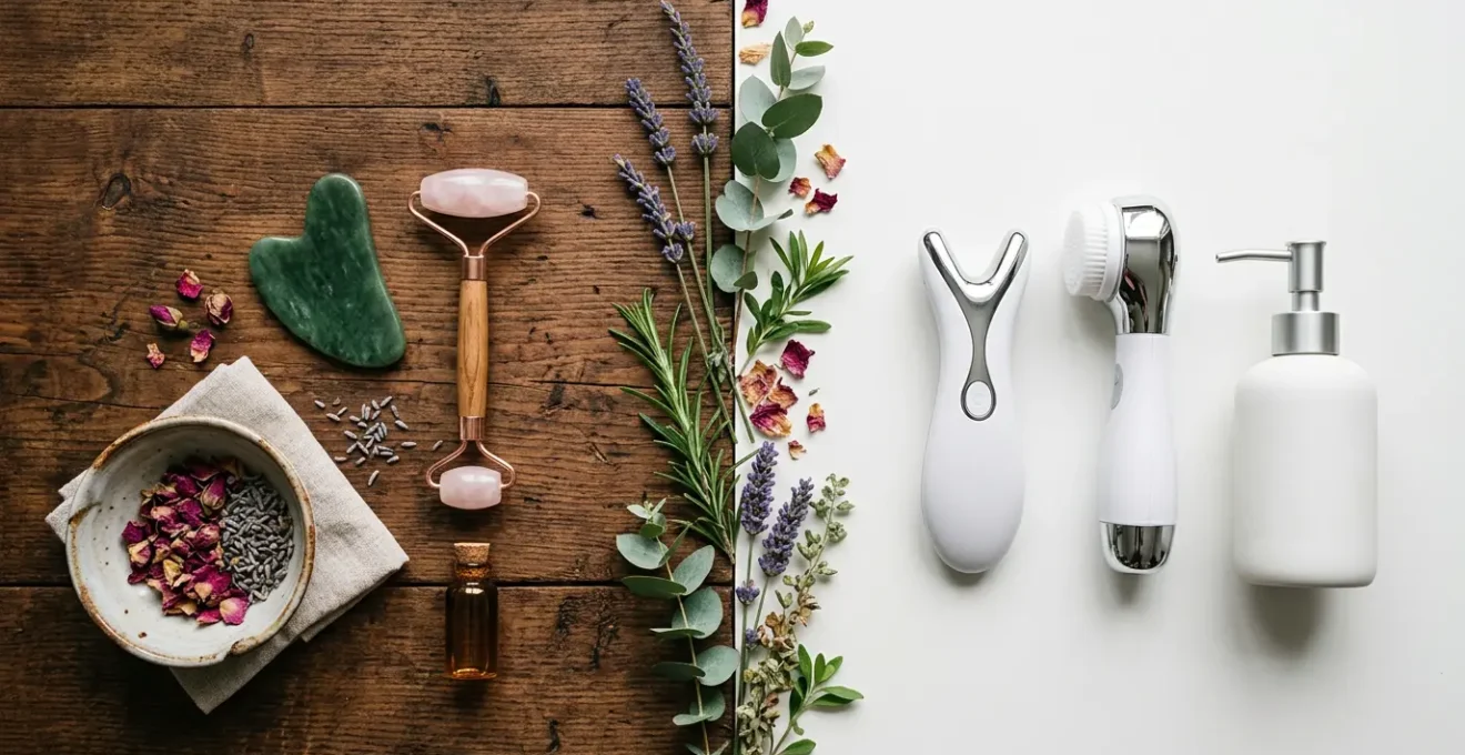 Traditional beauty tools including gua sha stone and jade roller arranged against modern skincare technology devices