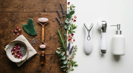 Traditional beauty tools including gua sha stone and jade roller arranged against modern skincare technology devices