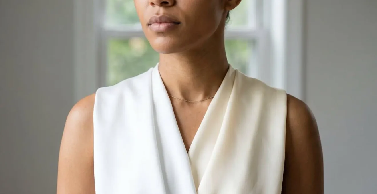 Person draping white and ivory fabrics across shoulders in natural window light