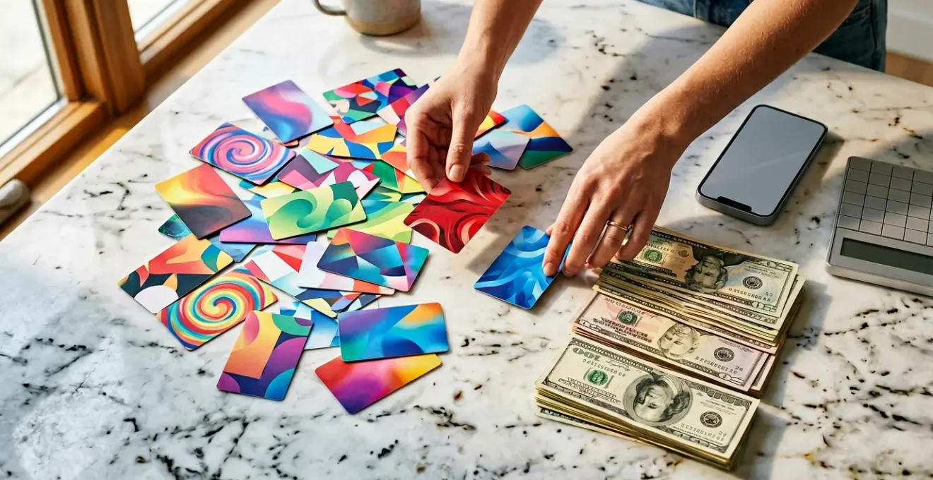 Hands sorting colorful gift cards on marble table with cash and calculator