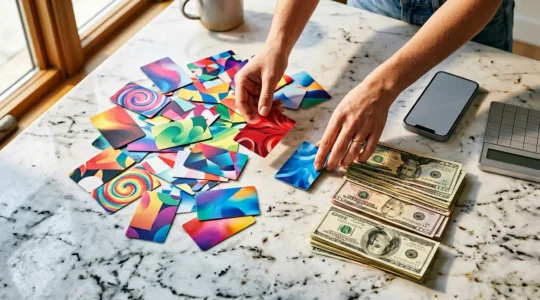 Hands sorting colorful gift cards on marble table with cash and calculator