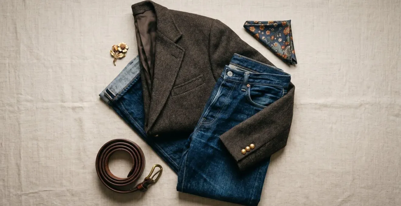 Fashion styling flat lay with vintage tweed blazer and modern denim