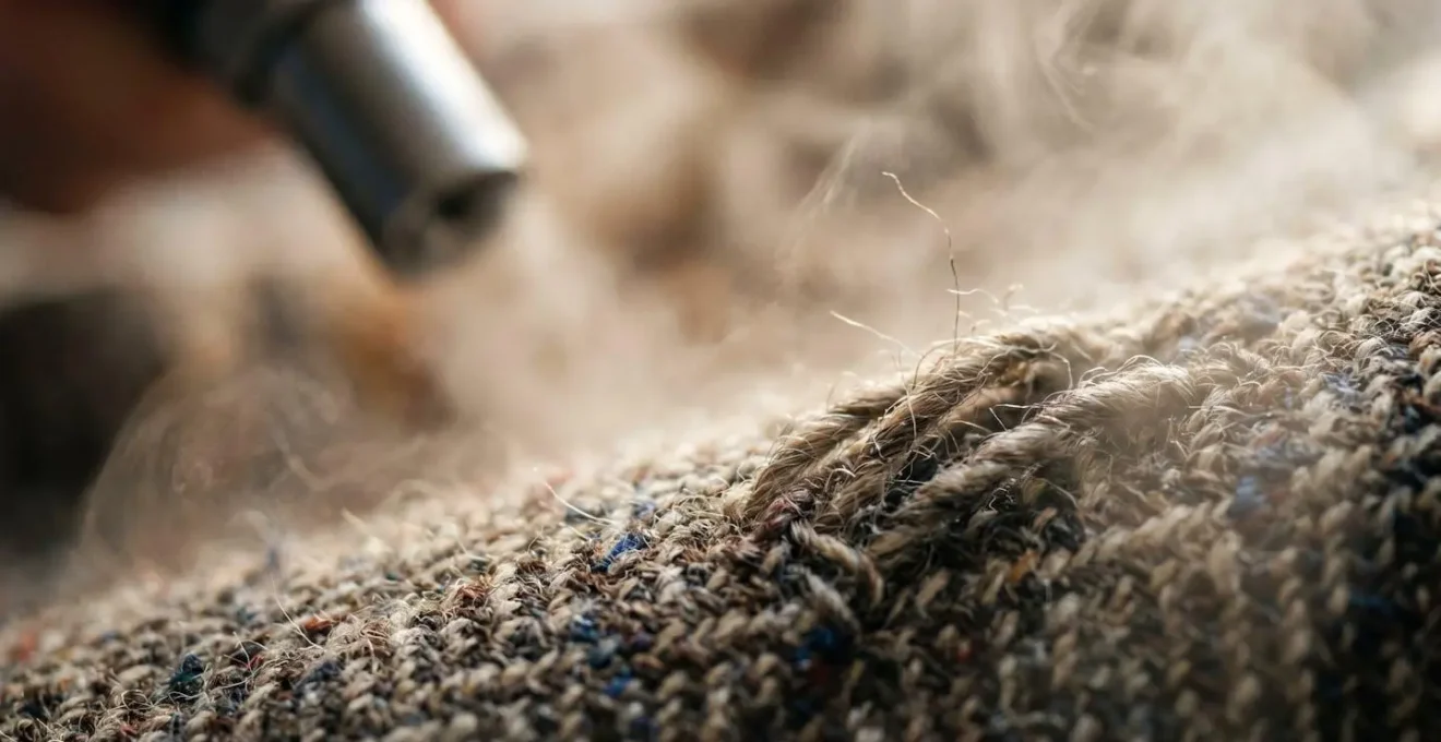Extreme close-up of vintage fabric textures being steam cleaned