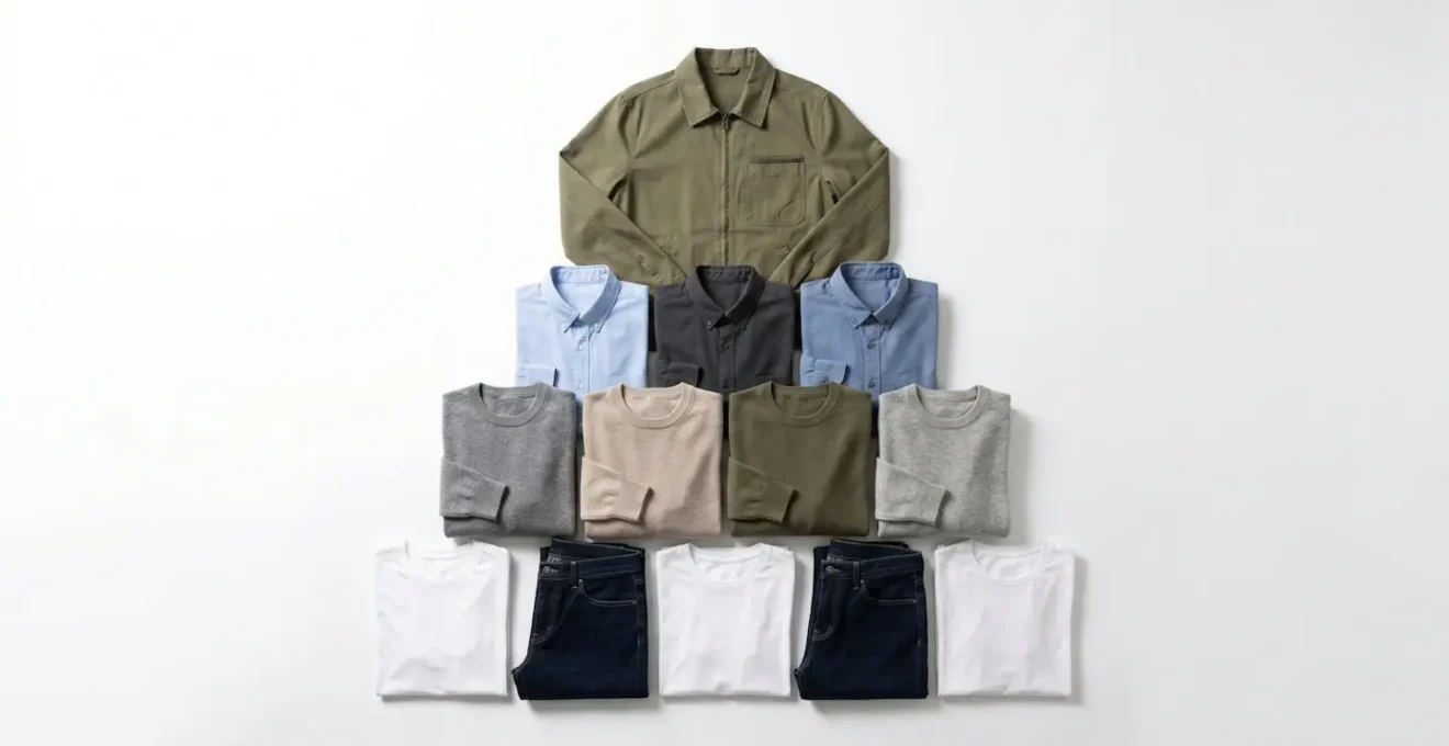 Minimalist wardrobe layout showing clothing organized in pyramid structure from basics to statement pieces