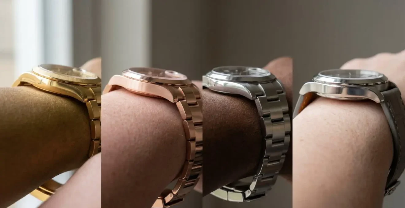 Close-up comparison of gold, rose gold, steel, and platinum watch cases on different wrist tones