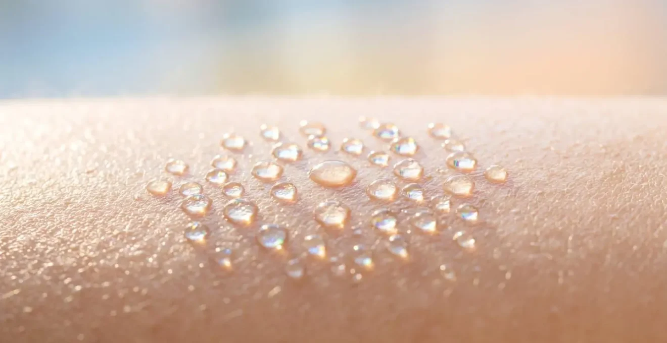 Macro shot of water beads on glowing skin surface showing optimal hydration