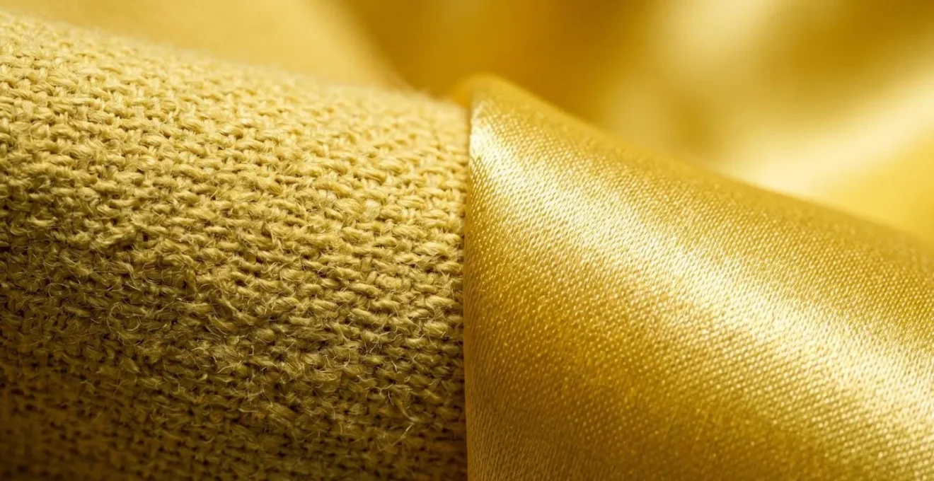 Close-up comparison of matte and satin yellow fabrics under different lighting conditions