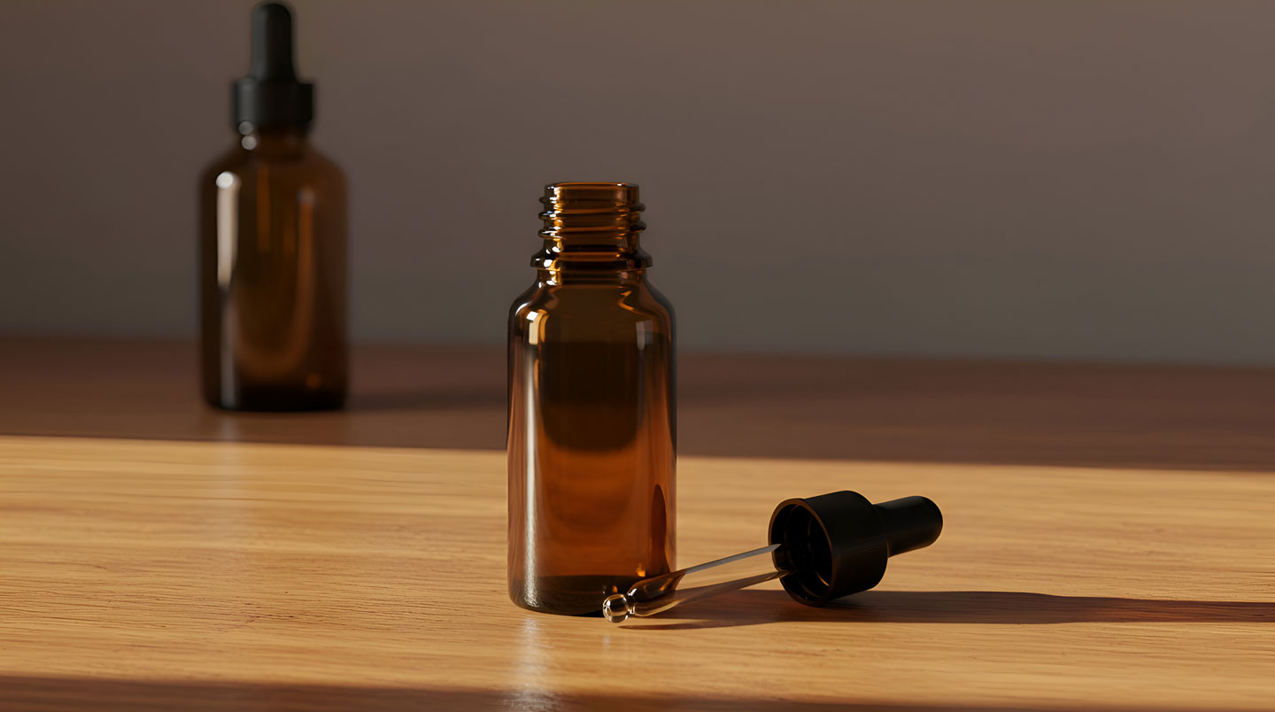 Two vitamin C serum bottles on white marble, left bottle with clear liquid, right bottle with oxidized orange liquid