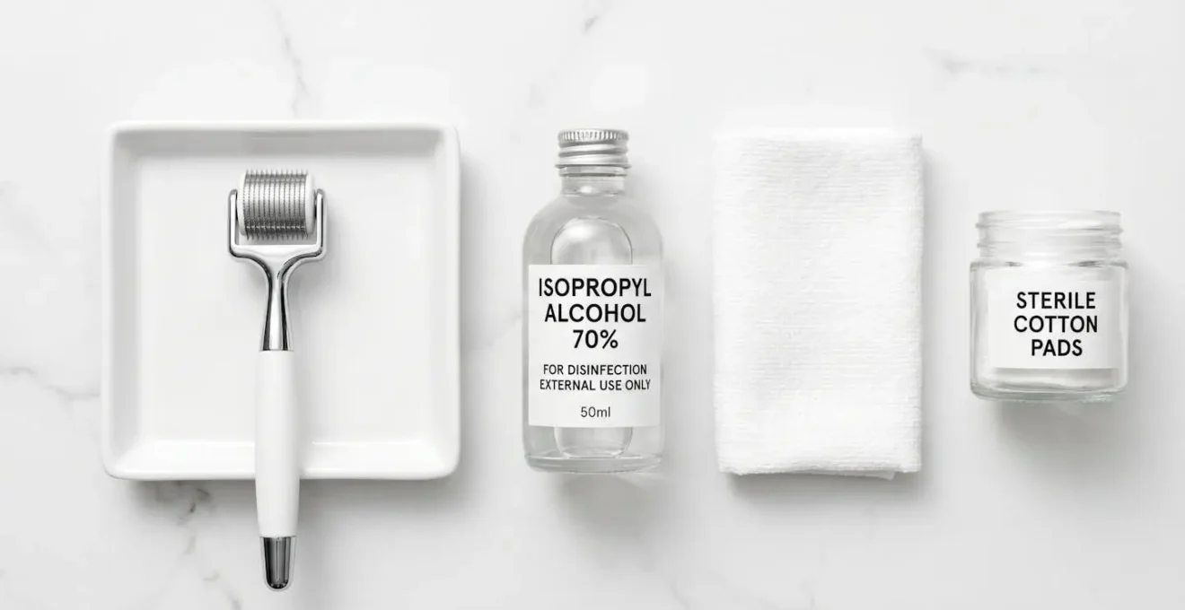 Derma-roller with stainless steel needles on white ceramic tray next to isopropyl alcohol bottle and clean towel